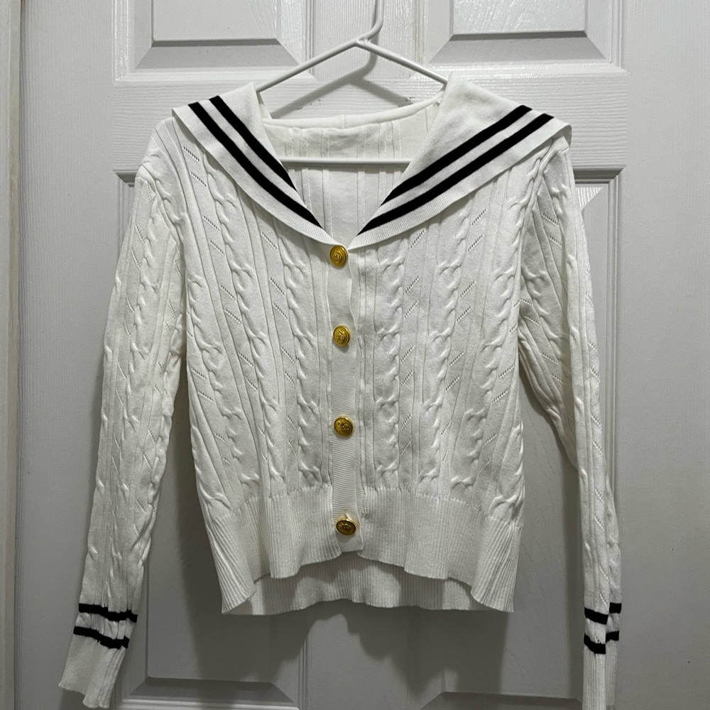 Chic White V-Neck Sweater with Black Stripes